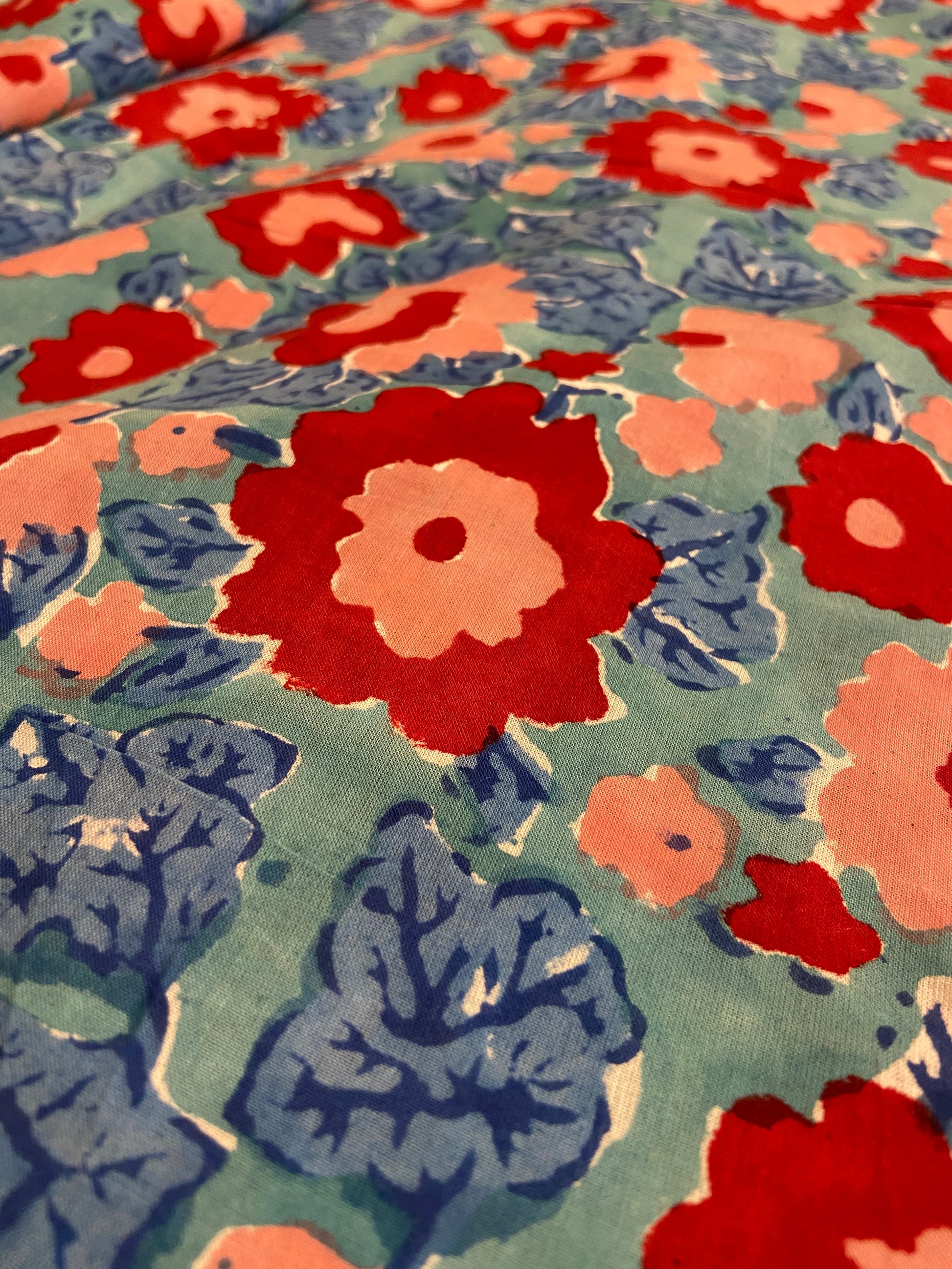 Blue Red Spring Florals Hand Block Printed Mulmul Cotton Cloth - Nakhrro