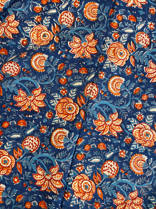 Blue Vineyard Florals Hand Block Printed Mulmul Cotton Cloth - Nakhrro