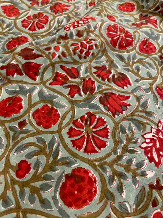 Cherry Red Bloom Floral Hand Block Printed Mulmul Cotton Cloth - Nakhrro