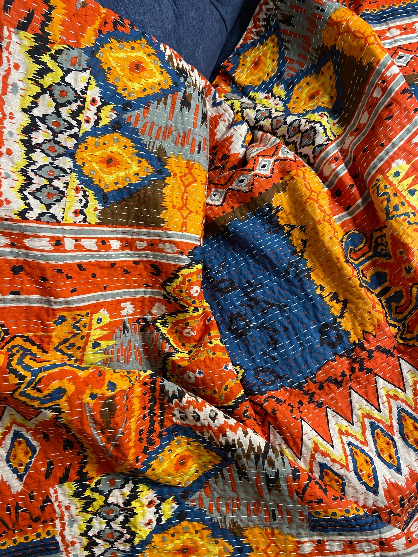 King Size Red Ikat Colourful Kantha Bedspread/Dohar