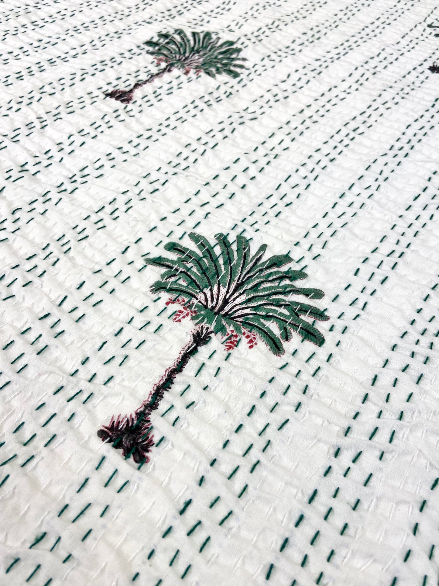 Palm Tree Hand Block Print Double Bed Queen Hand Embroidered Dohar