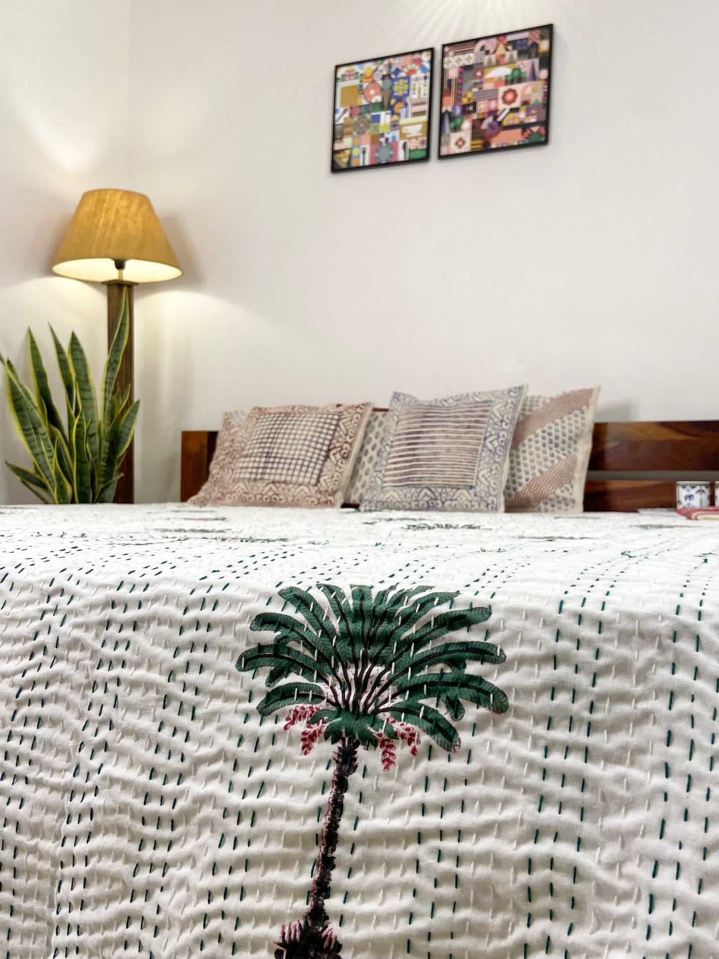 Palm Tree Hand Block Print Double Bed Queen Hand Embroidered Dohar