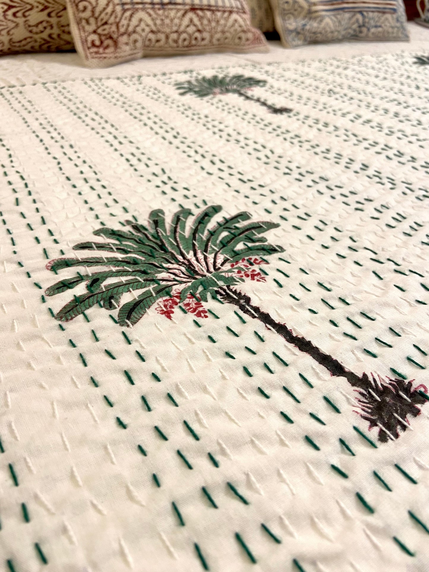 Palm Tree Hand Block Print Double Bed Queen Hand Embroidered Dohar