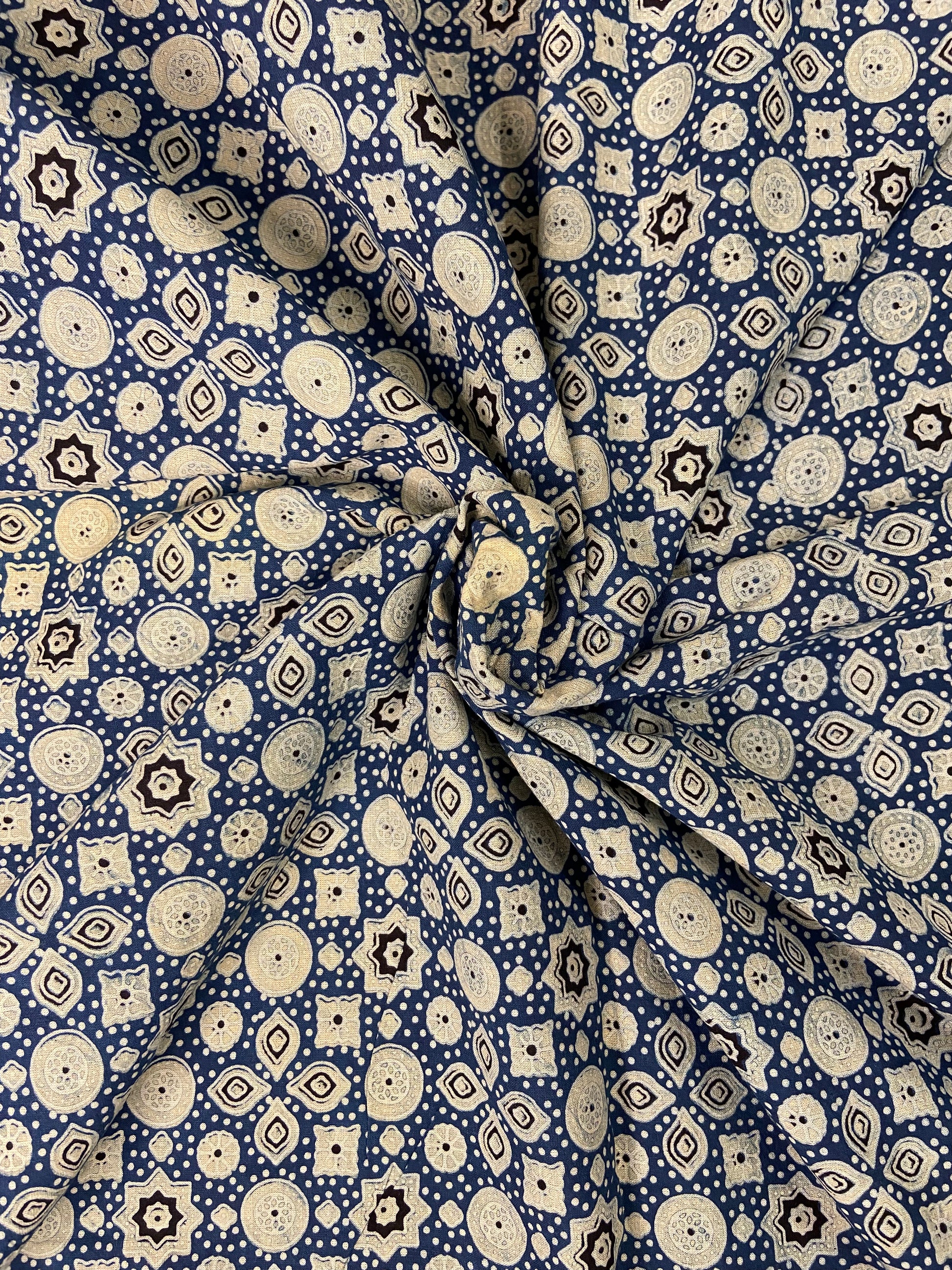 Indigo Blue Ajrakh Hand Block Printed Mulmul Cotton Cloth - Nakhrro