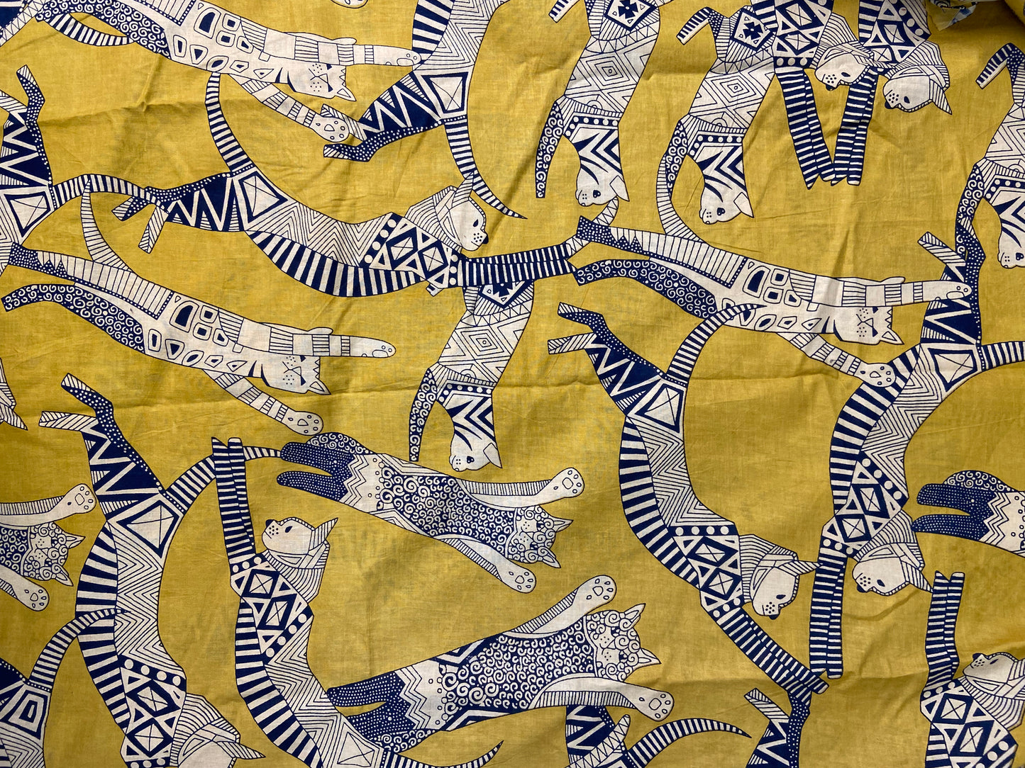 Flying Cats Mustard Yellow Print Cotton Cloth
