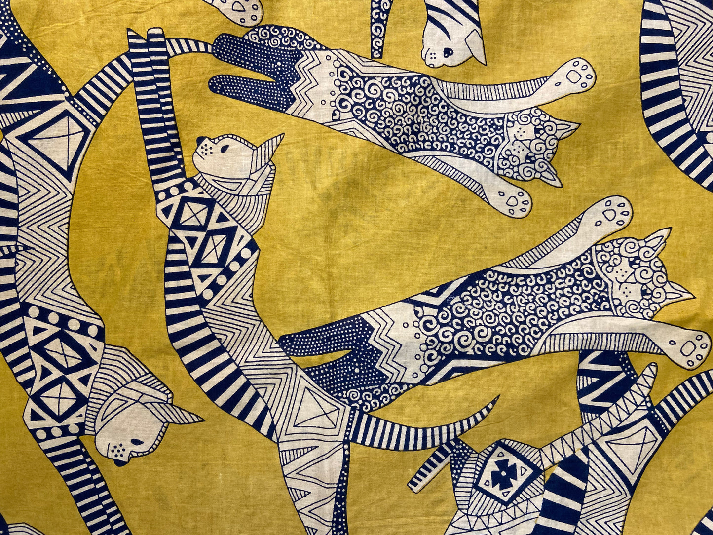 Flying Cats Mustard Yellow Print Cotton Cloth