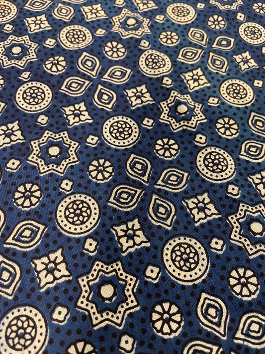 Blue Ajrakh Hand Block Printed Mulmul Cotton Cloth