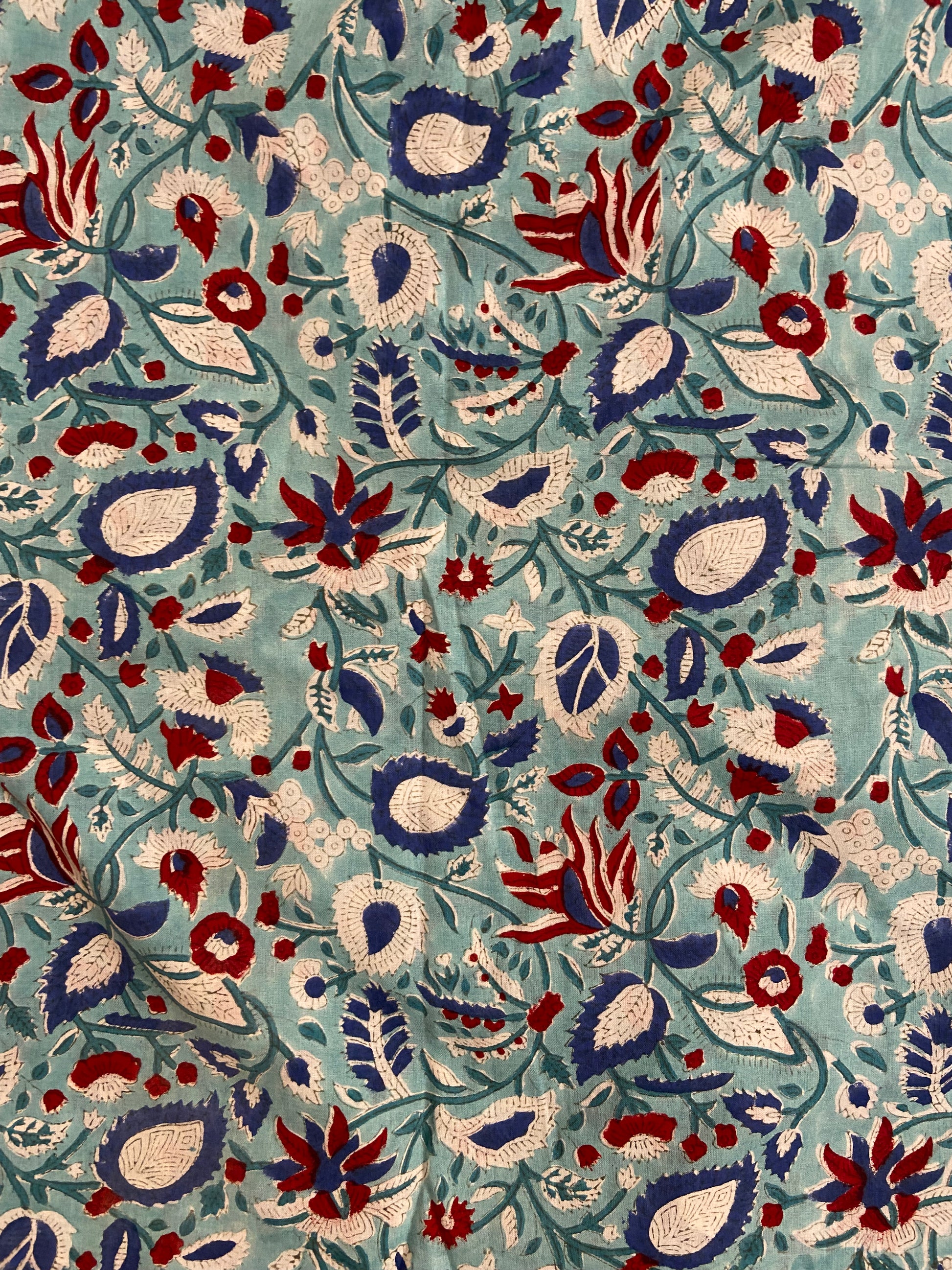 Aqua Blue Cherry Red Florals Hand Block Printed Mulmul Cotton Cloth - Nakhrro