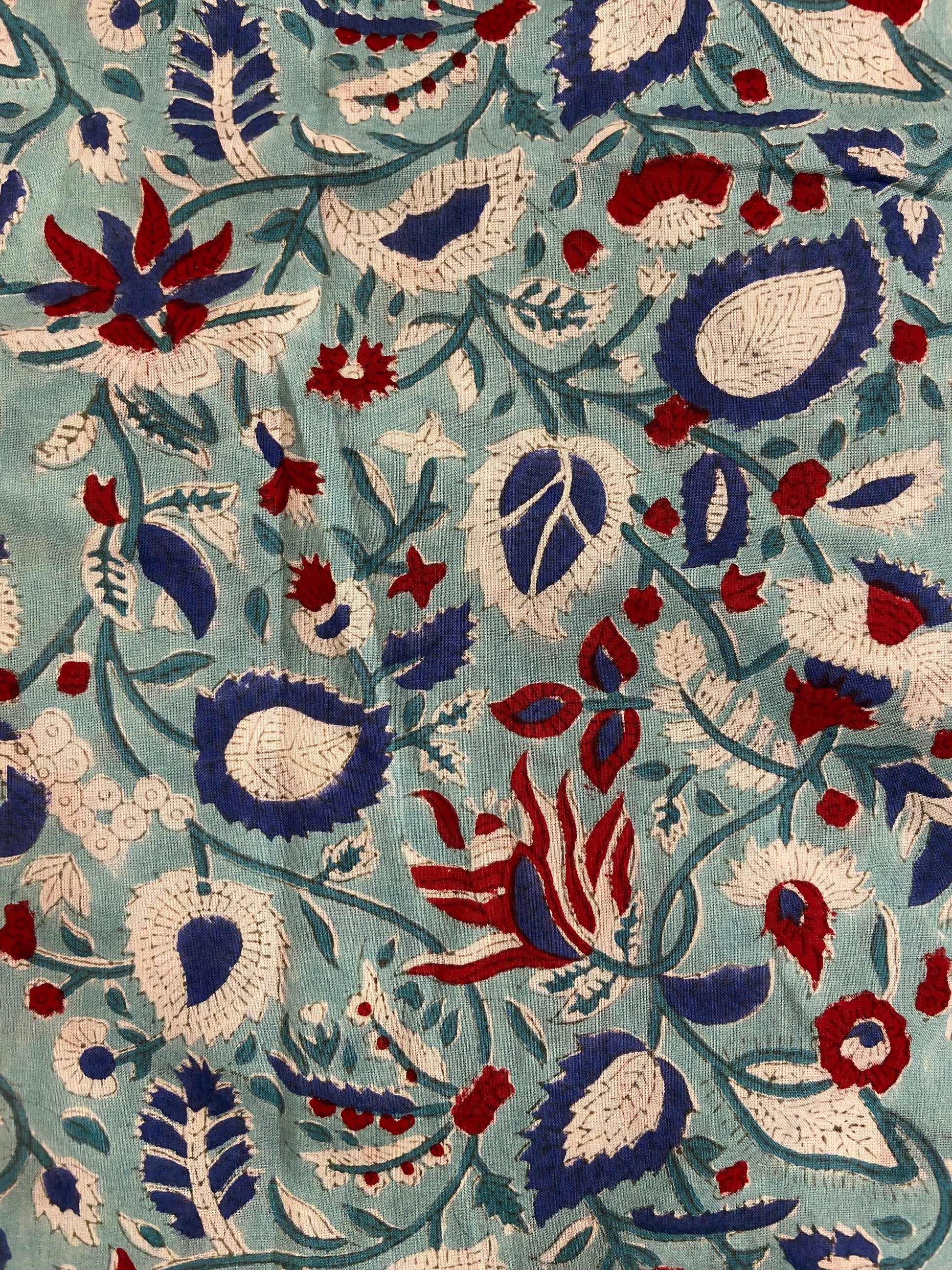 Aqua Blue Cherry Red Florals Hand Block Printed Mulmul Cotton Cloth - Nakhrro