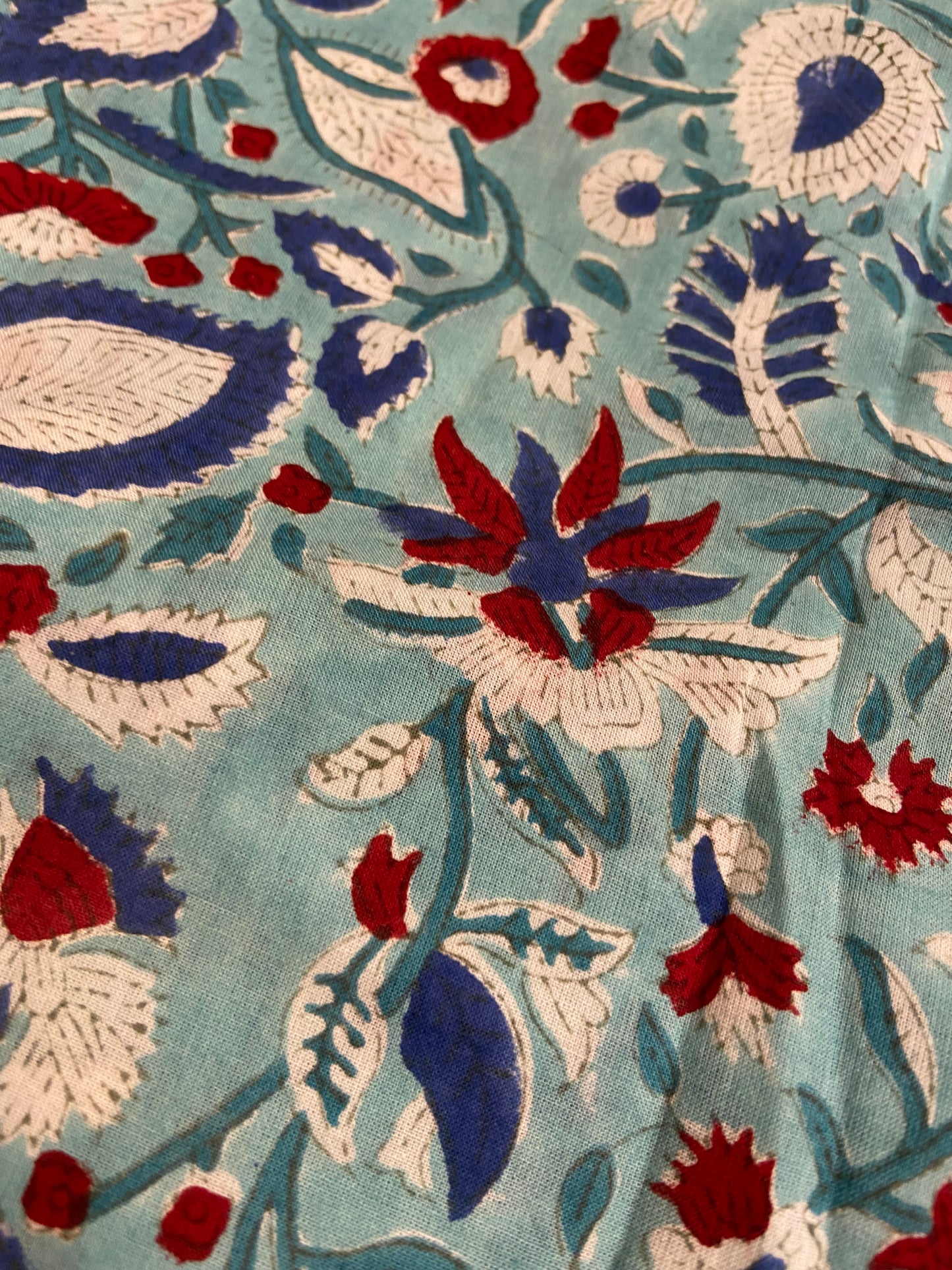 Aqua Blue Cherry Red Florals Hand Block Printed Mulmul Cotton Cloth - Nakhrro