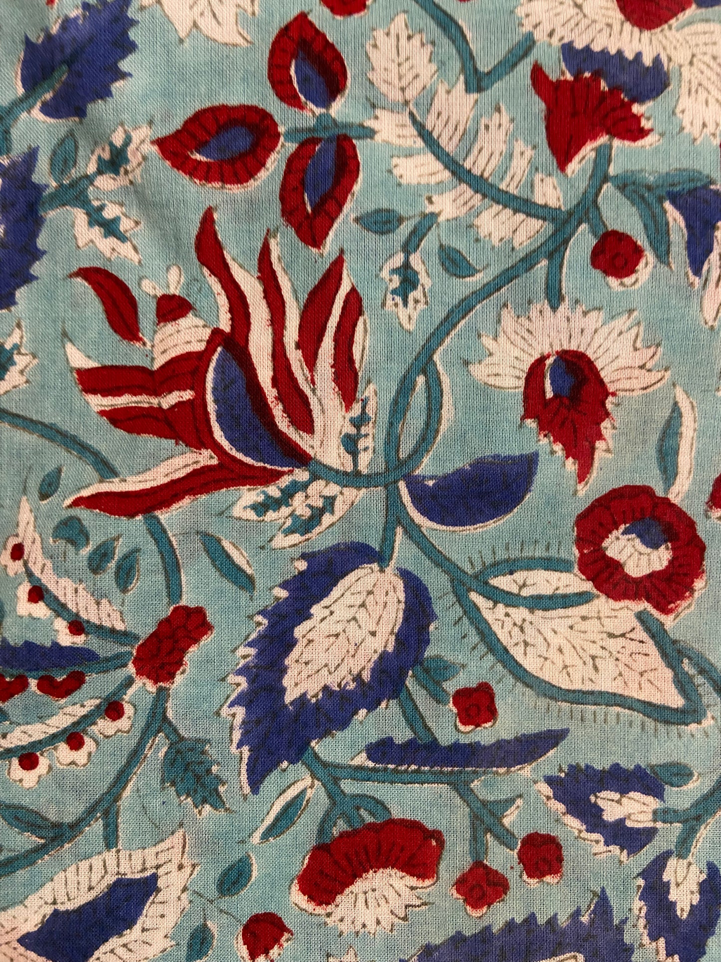 Aqua Blue Cherry Red Florals Hand Block Printed Mulmul Cotton Cloth - Nakhrro