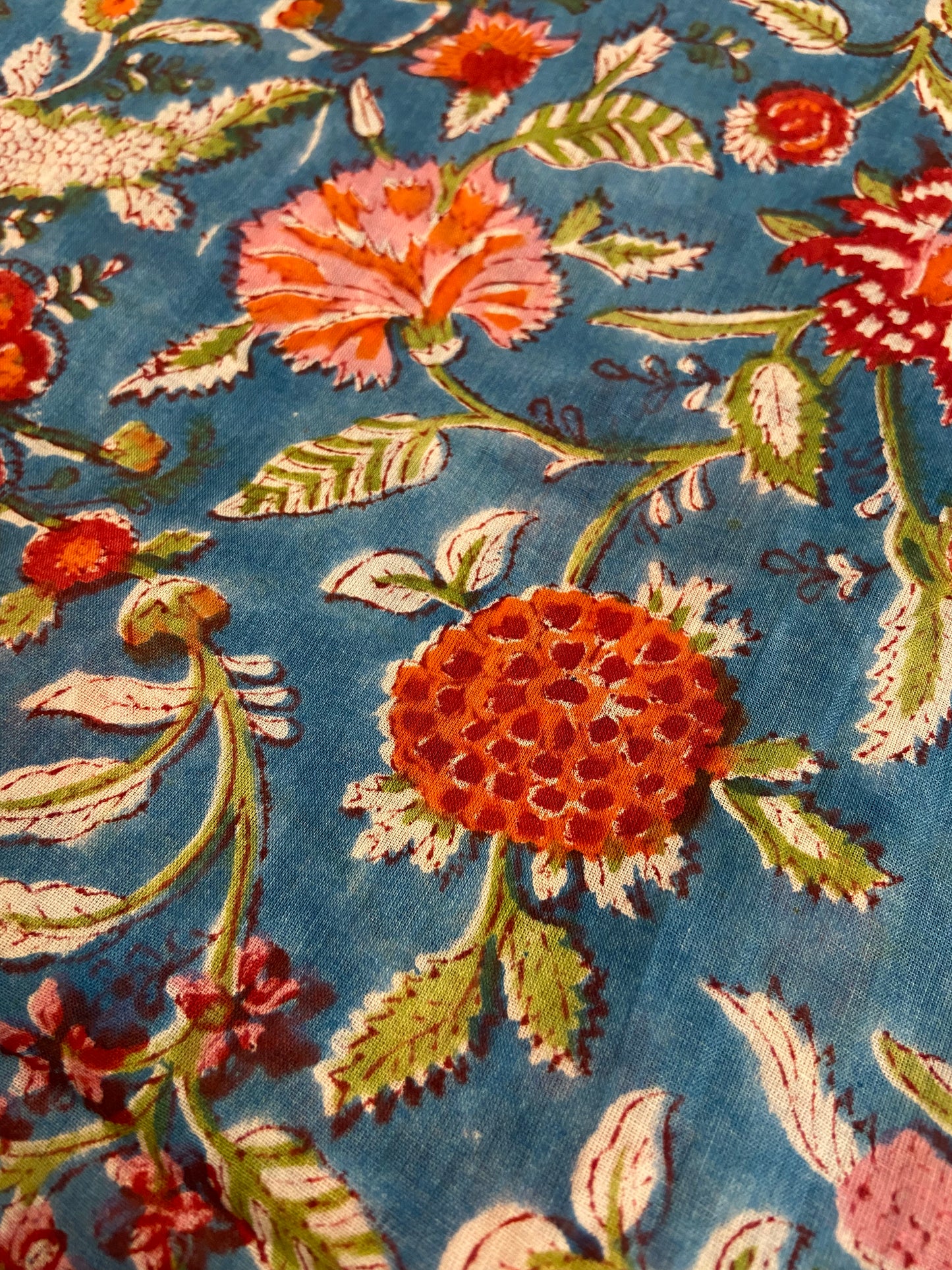 Blue Red Florals Hand Block Printed Mulmul Cotton Cloth