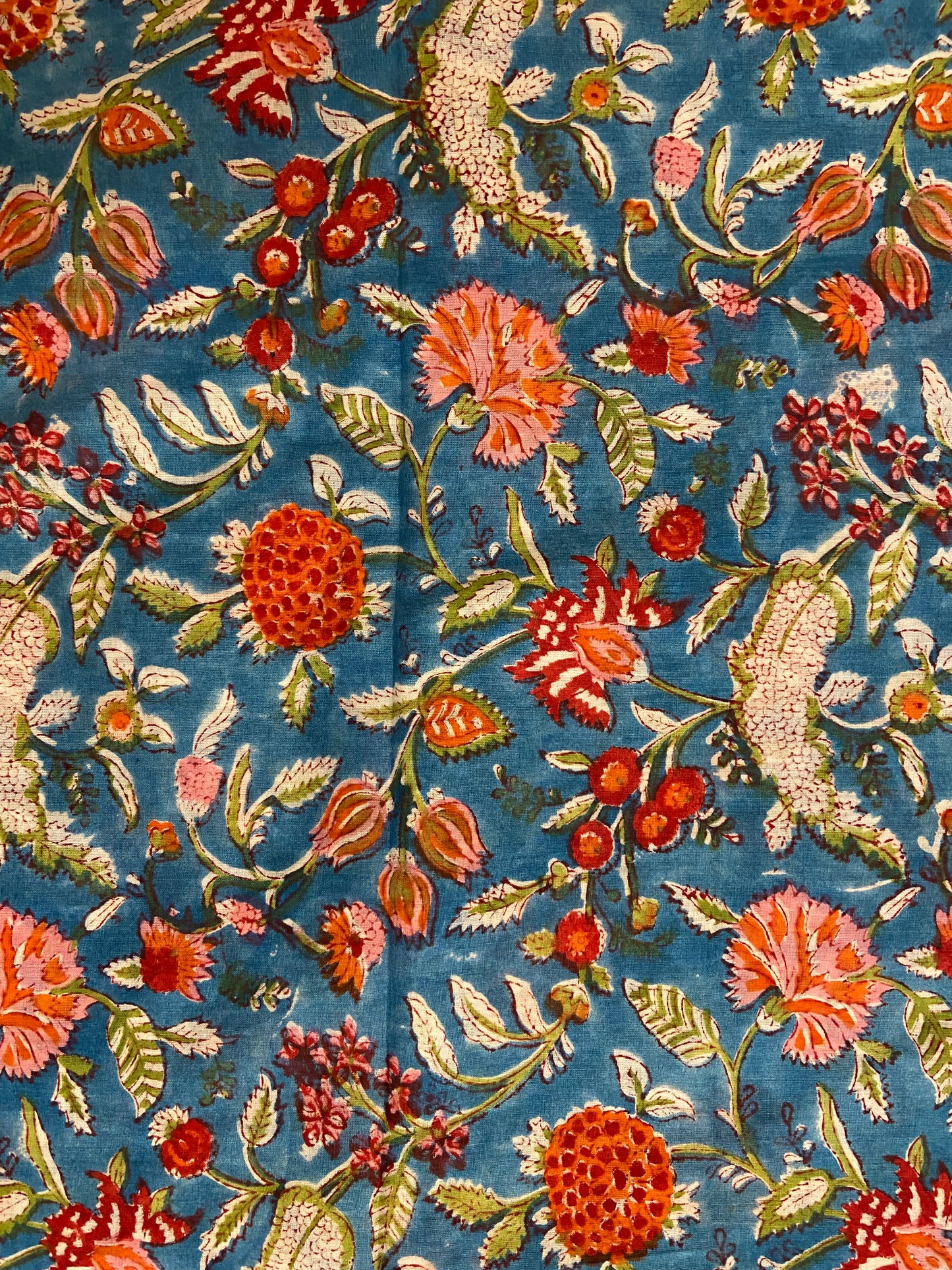 Blue Red Florals Hand Block Printed Mulmul Cotton Cloth