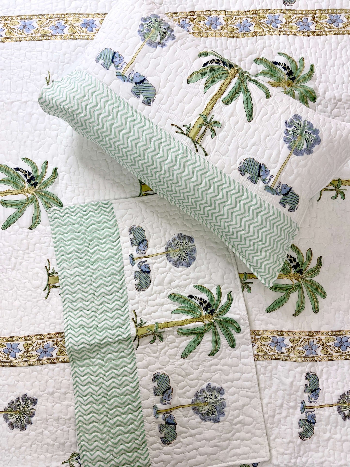 Pastel Green Gaj Palm Jaal Quilted Bedcover