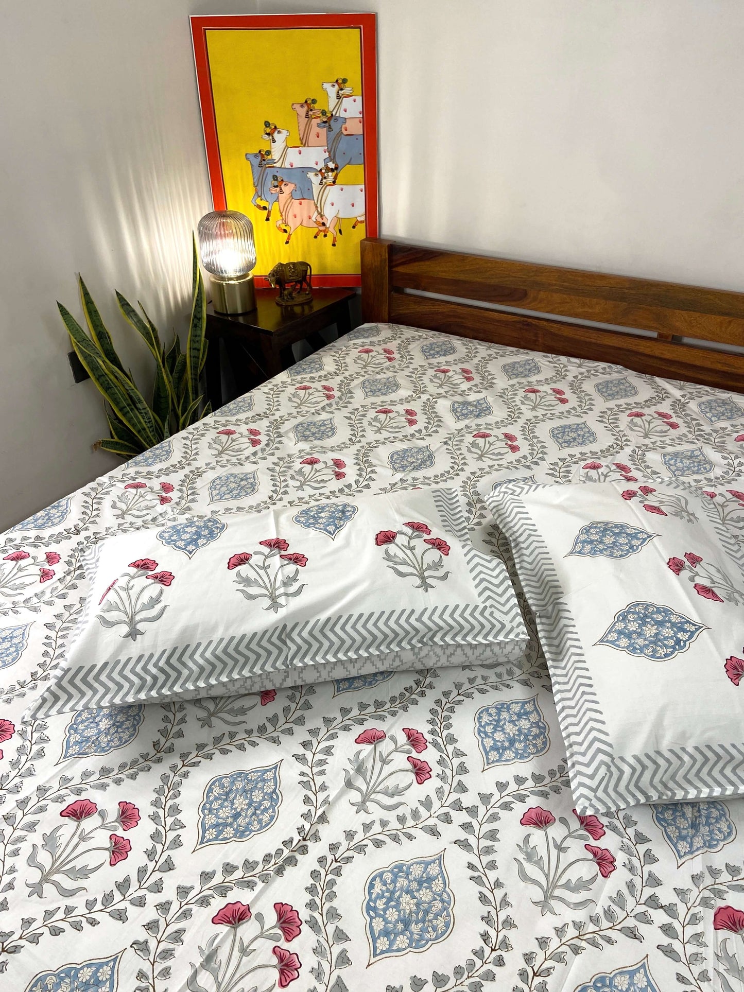 Floral Jaal Percale Hand Block Cotton King Bedsheet