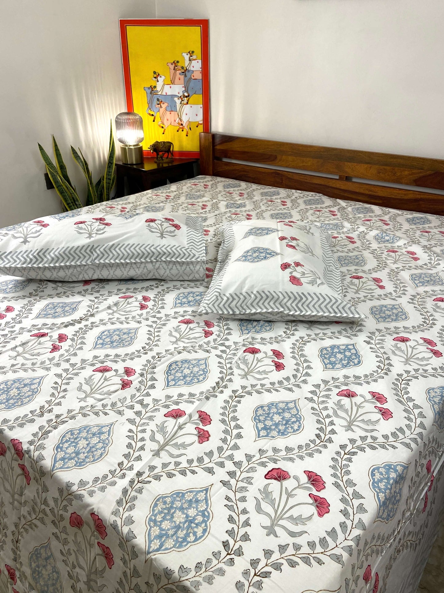 Floral Jaal Percale Hand Block Cotton King Bedsheet