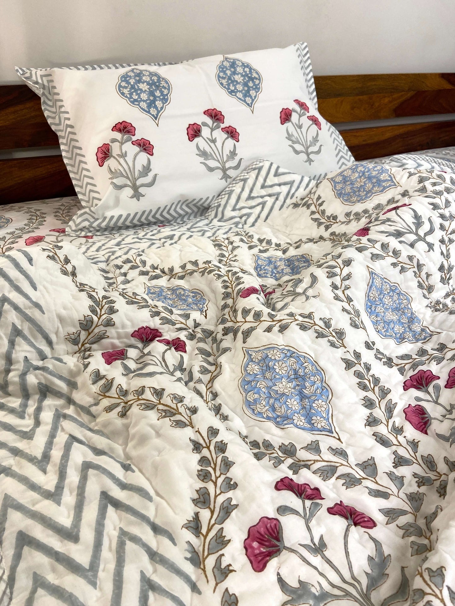 Pastel Grey Blue Floral Organic Mul Cotton Single Bed Quilt