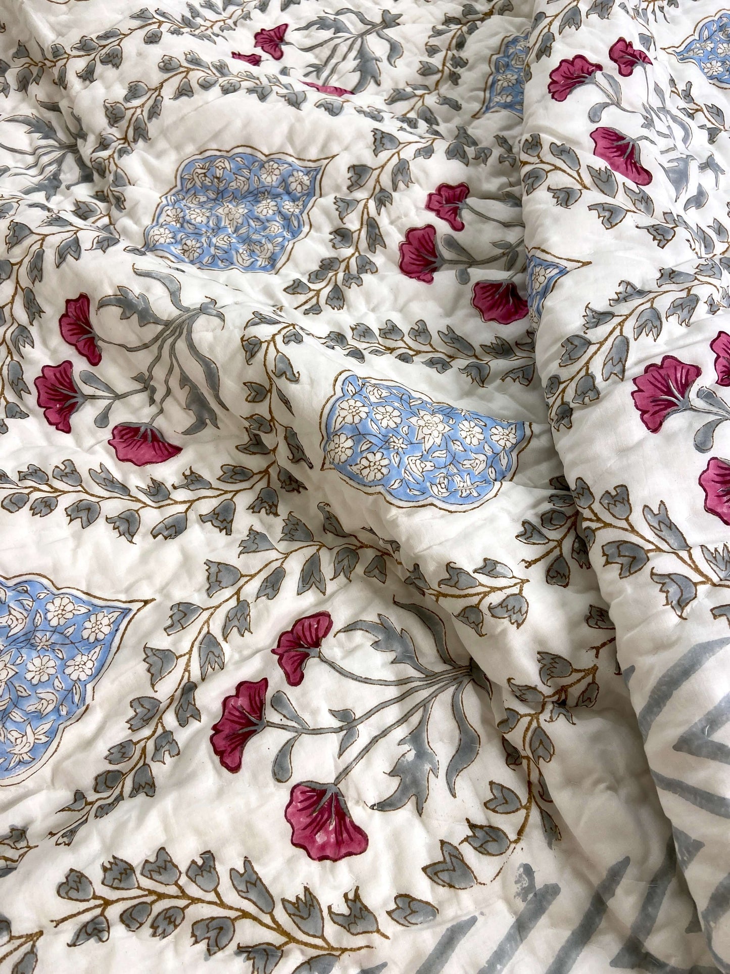 Pastel Grey Blue Floral Organic Mul Cotton Single Bed Quilt