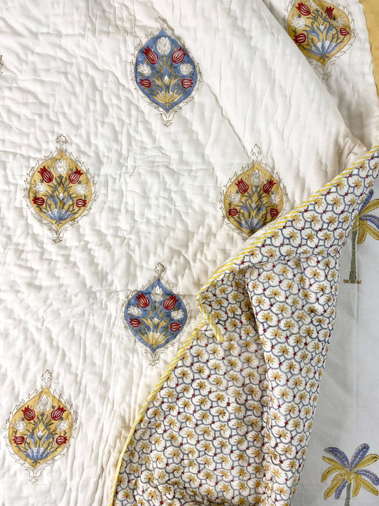 Floral Motifs Organic Mul Cotton Reversible Single Bed Quilt