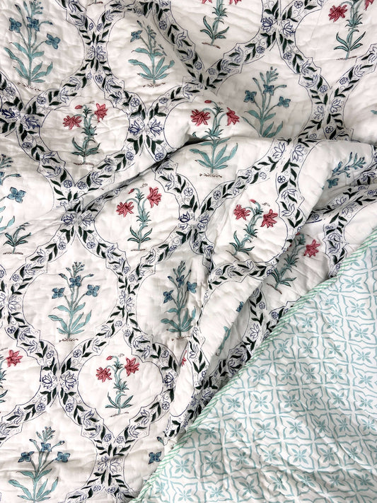Floral Jaal Motifs Organic Mul Cotton Reversible Double Bed Quilt