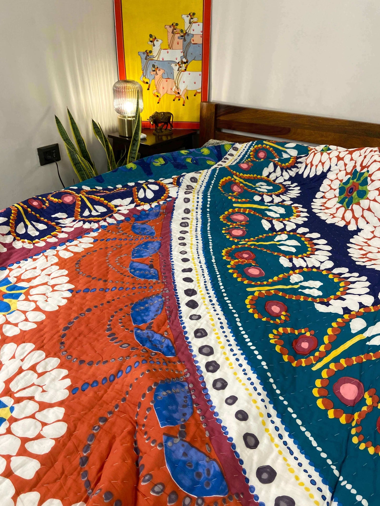Handpainted Print Florals Organic Mul Cotton Reversible Double Bed Quilt