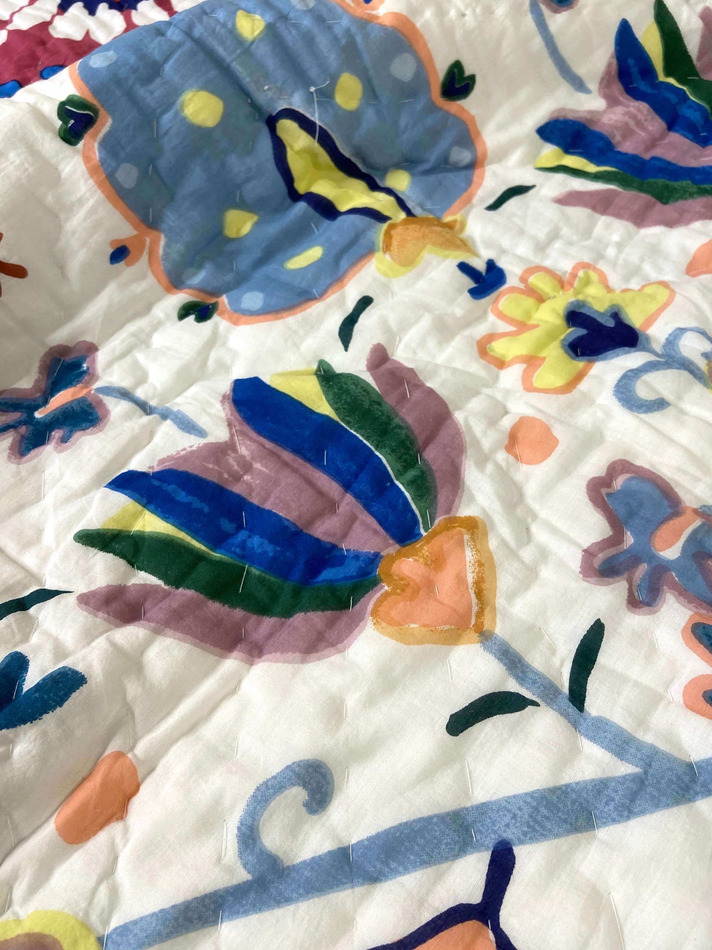 Handpainted Print Florals Organic Mul Cotton Reversible Double Bed Quilt