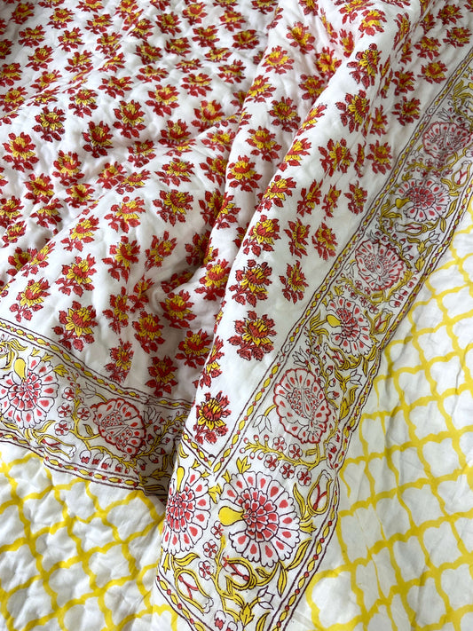 Red Yellow Floral Motifs Organic Mul Cotton Reversible Double Bed Quilt