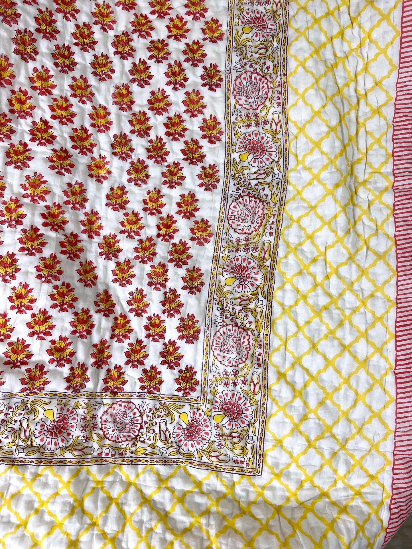 Red Yellow Floral Motifs Organic Mul Cotton Reversible Double Bed Quilt