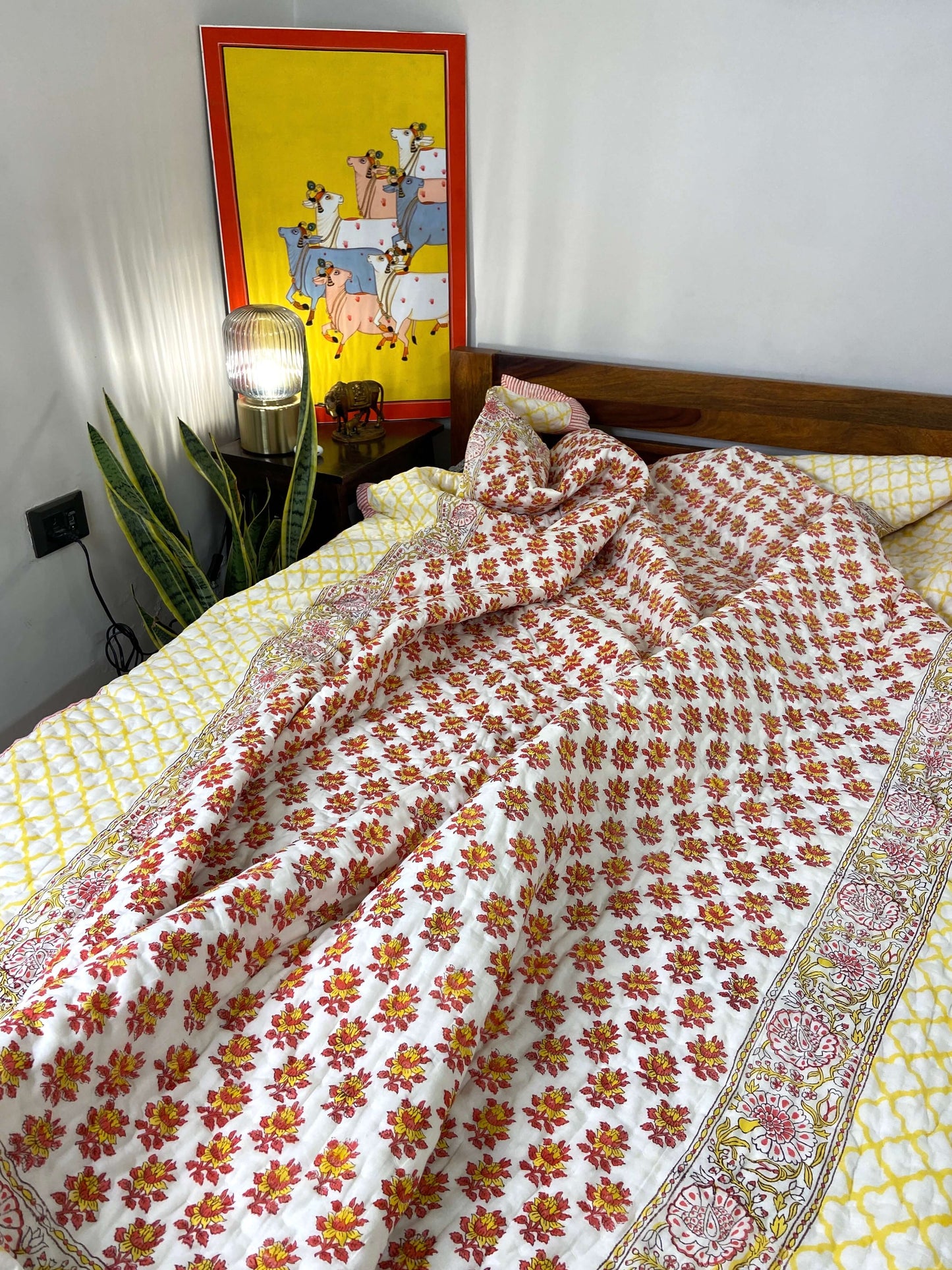 Red Yellow Floral Motifs Organic Mul Cotton Reversible Double Bed Quilt