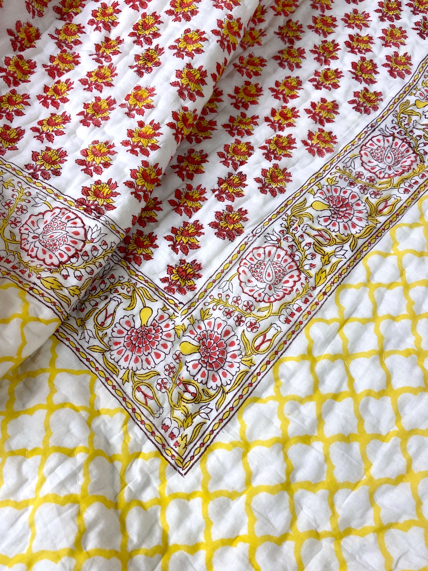 Red Yellow Floral Motifs Organic Mul Cotton Reversible Double Bed Quilt