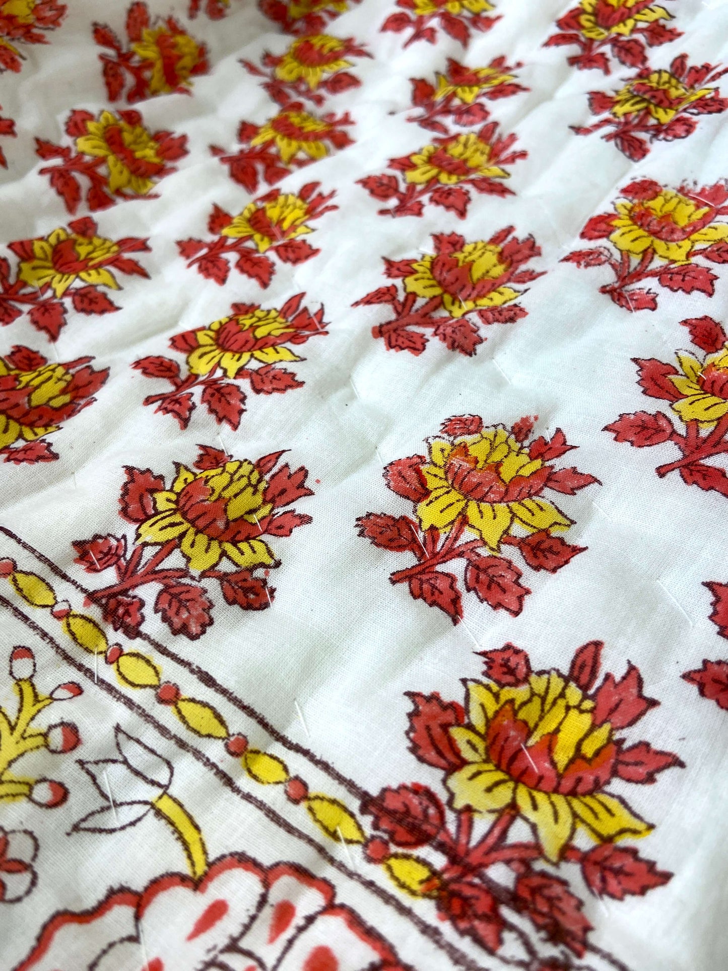 Red Yellow Floral Motifs Organic Mul Cotton Reversible Double Bed Quilt