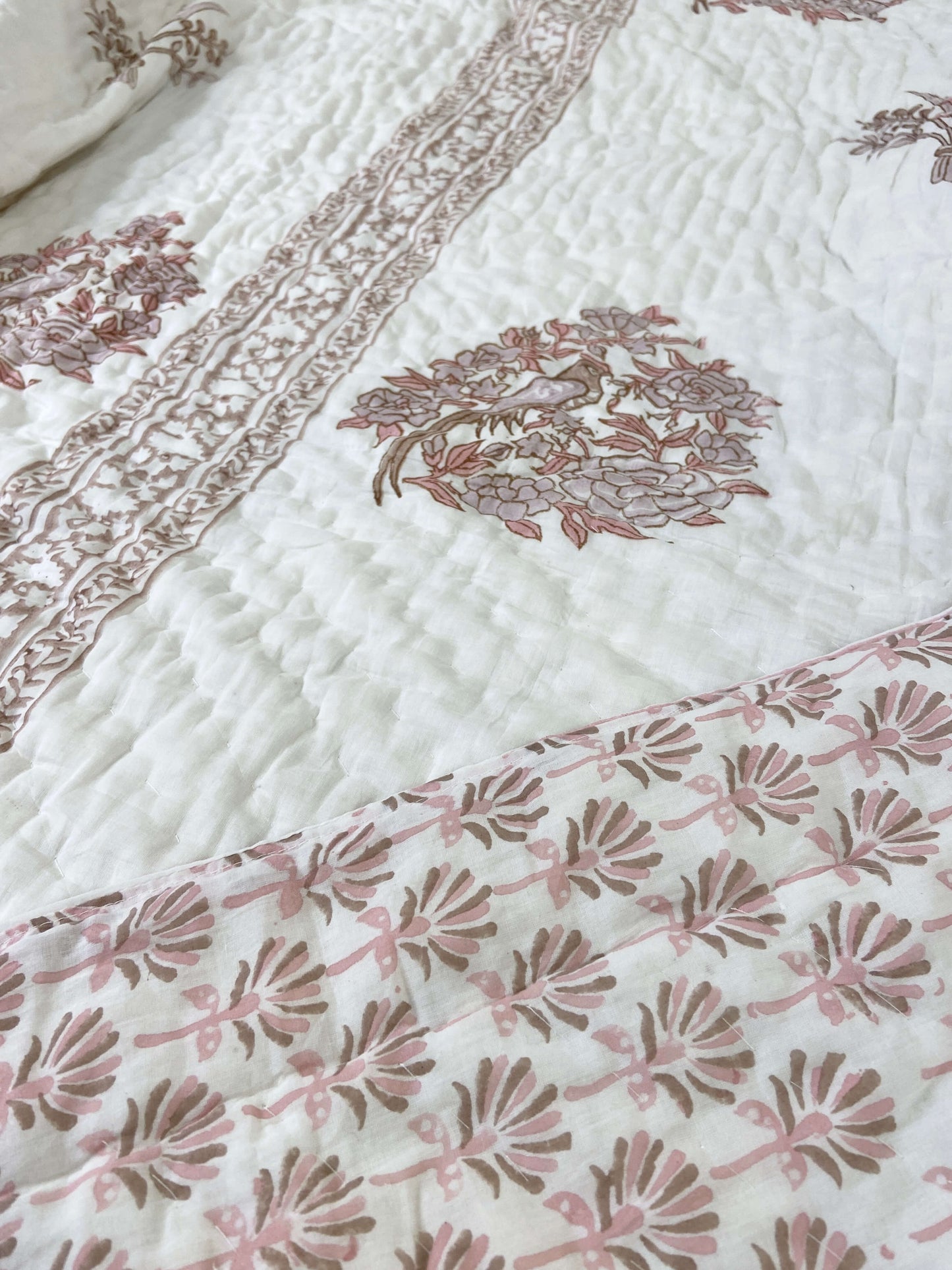 Pastel Birds Print Organic Mul Cotton Reversible Double Bed Quilt