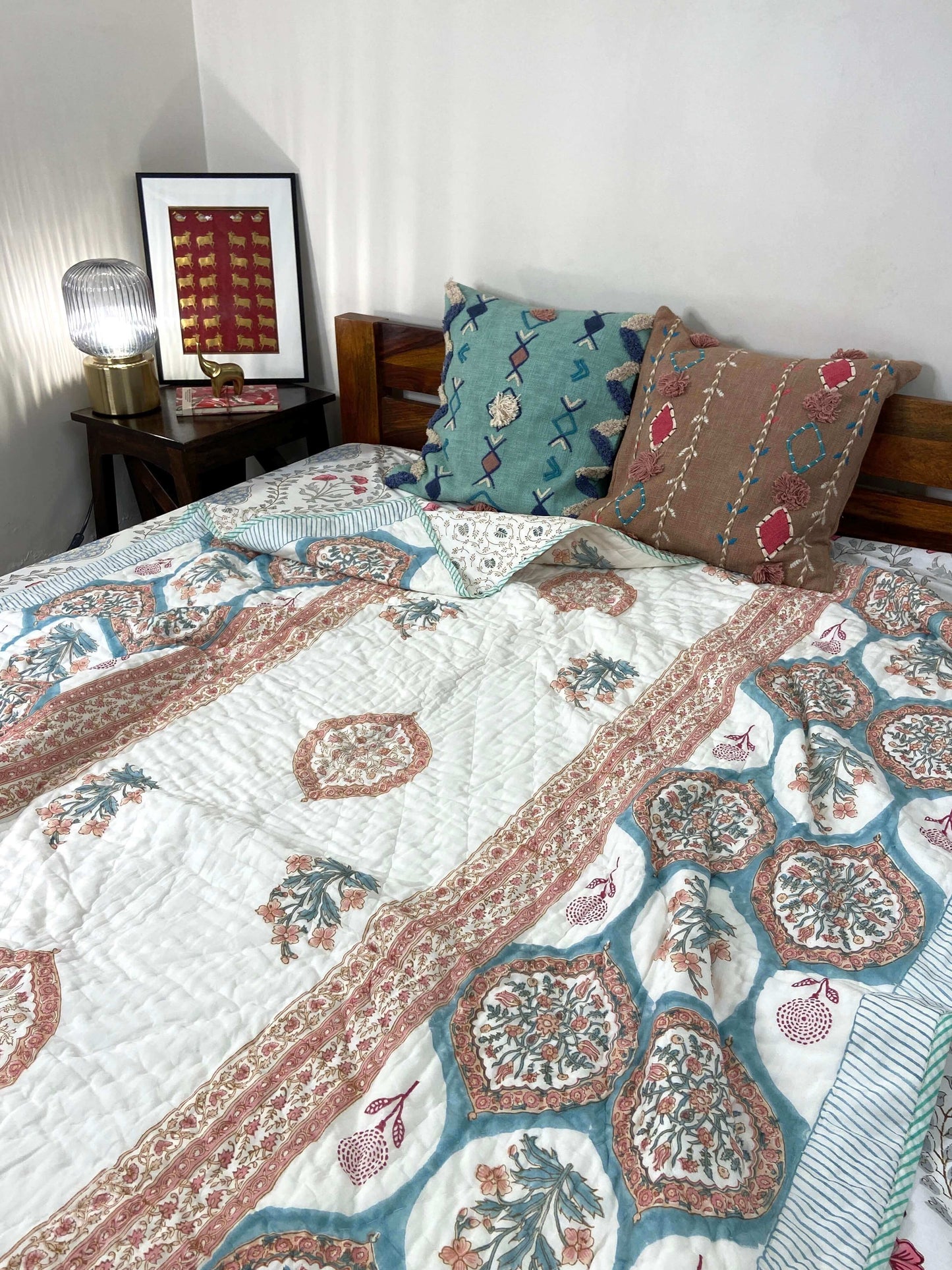 Hexagon Florals Organic Mul Cotton Reversible Single Bed Quilt
