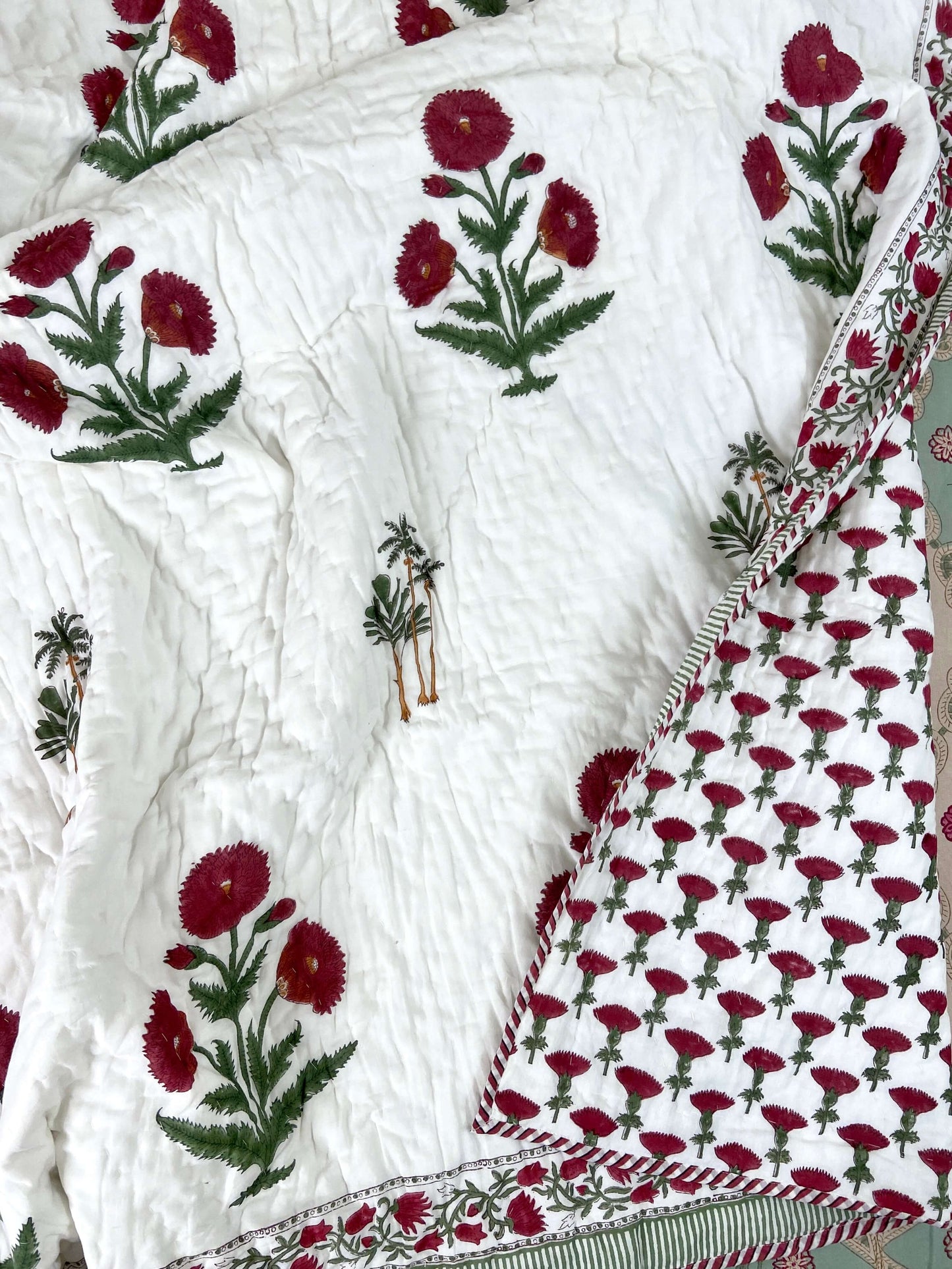 Magenta Poppy Flower Organic Mul Cotton Reversible Single Bed Quilt