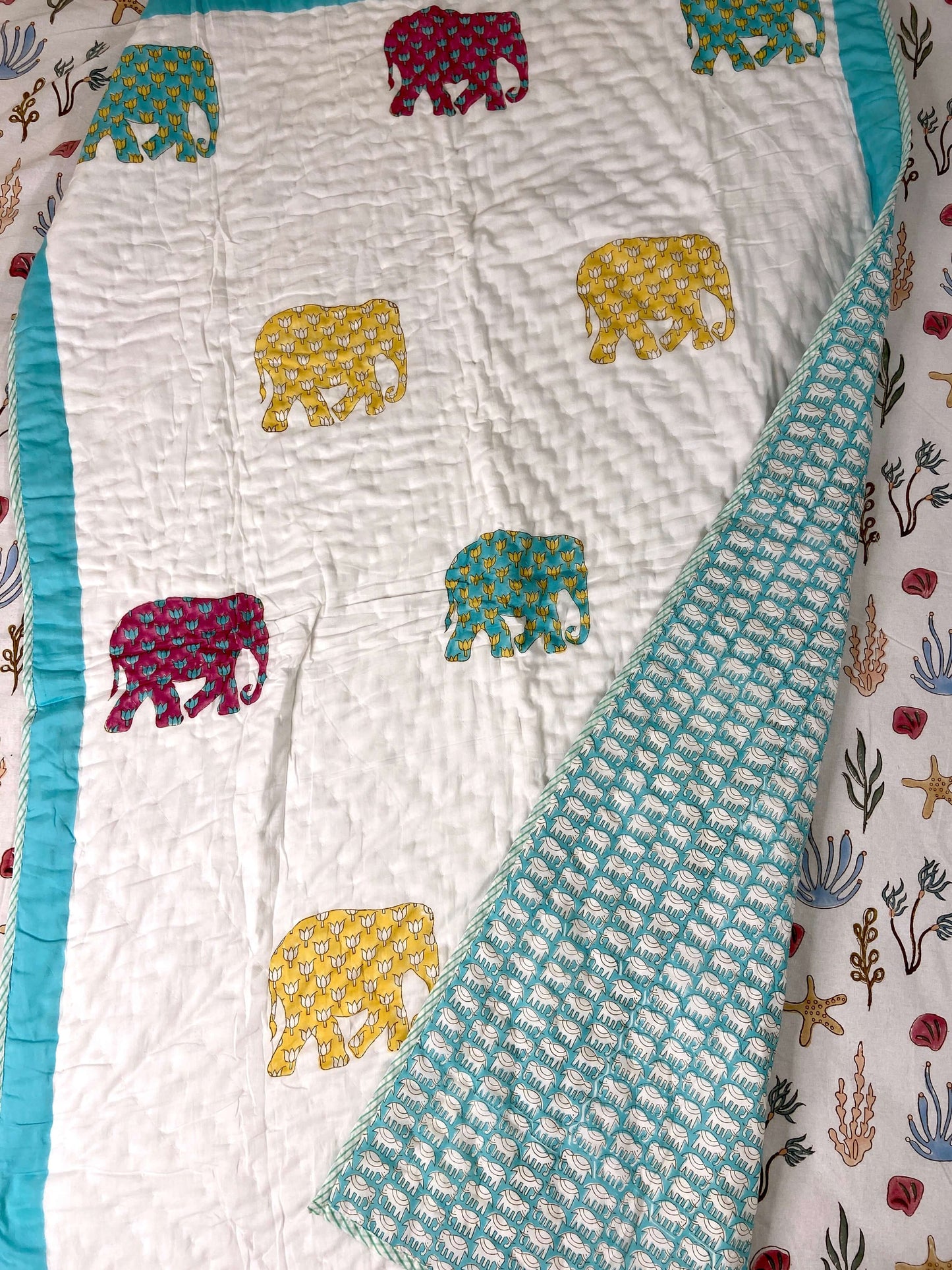 Colourful Elephants Hand Block Baby Quilt