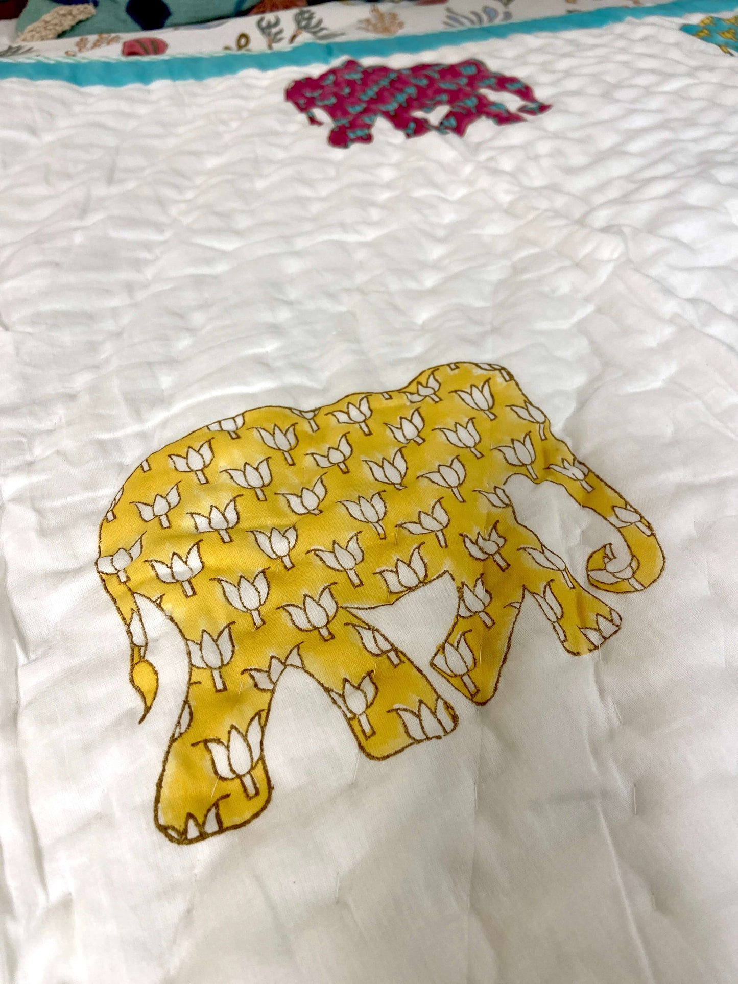 Colourful Elephants Hand Block Baby Quilt