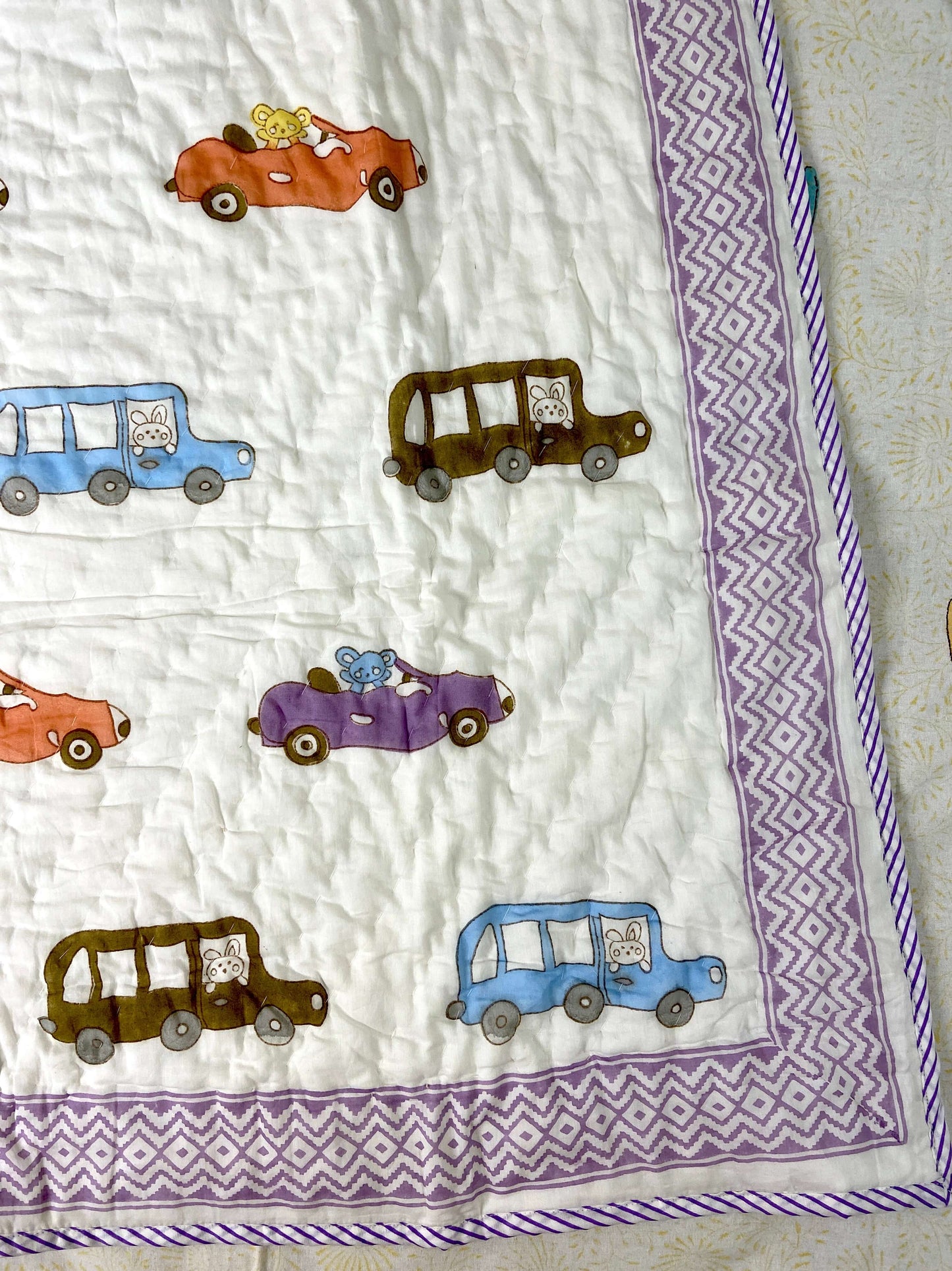 Colourful Cars Hand Block Baby Quilt