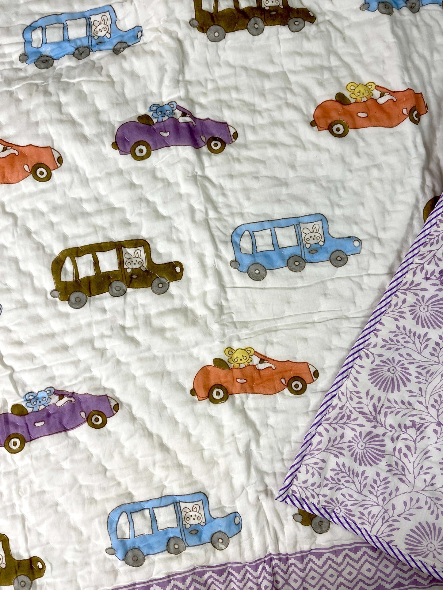 Colourful Cars Hand Block Baby Quilt