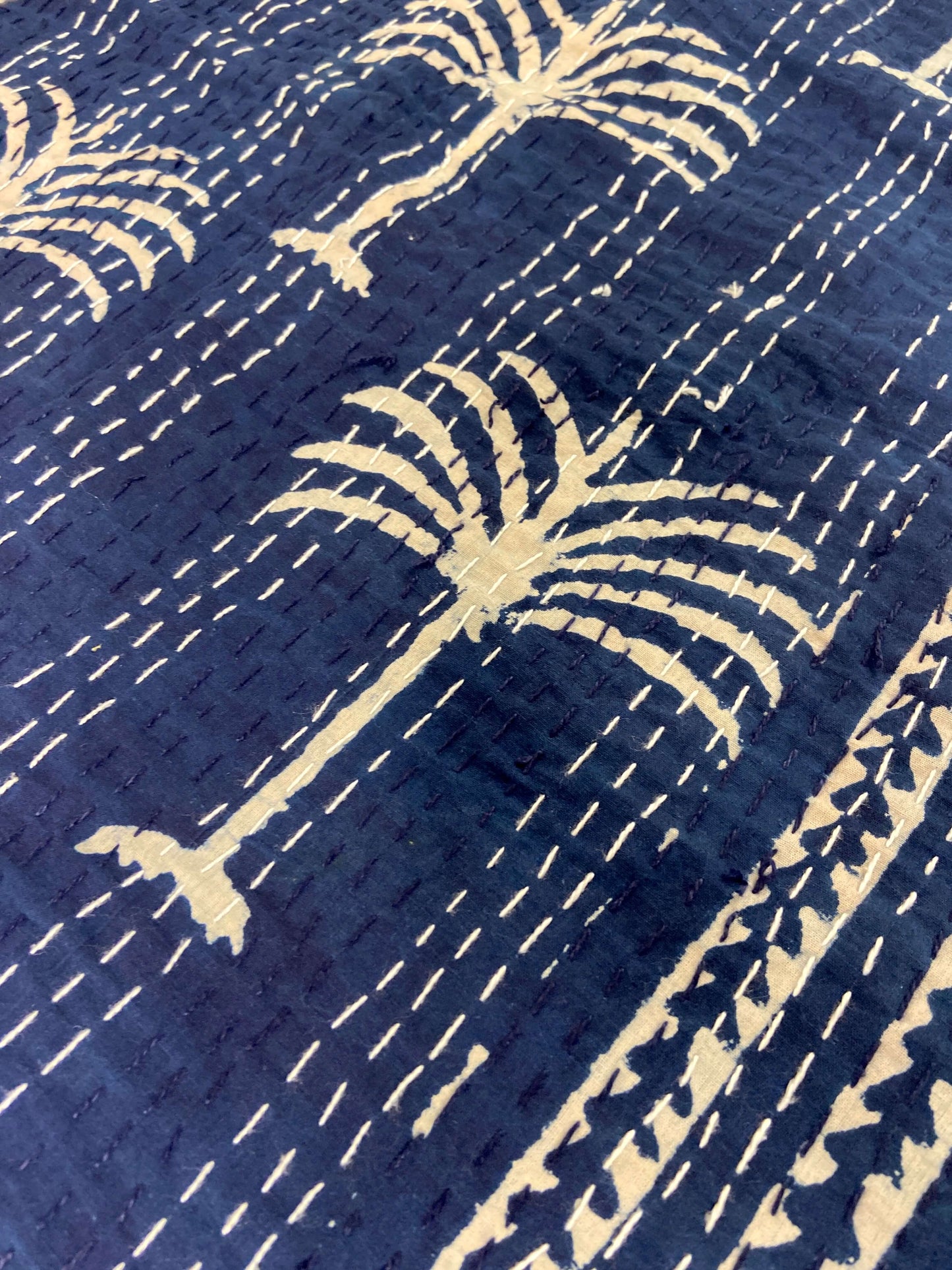 Indigo Palm Tree Hand Block Print Double Bed Queen Hand Embroidered Dohar