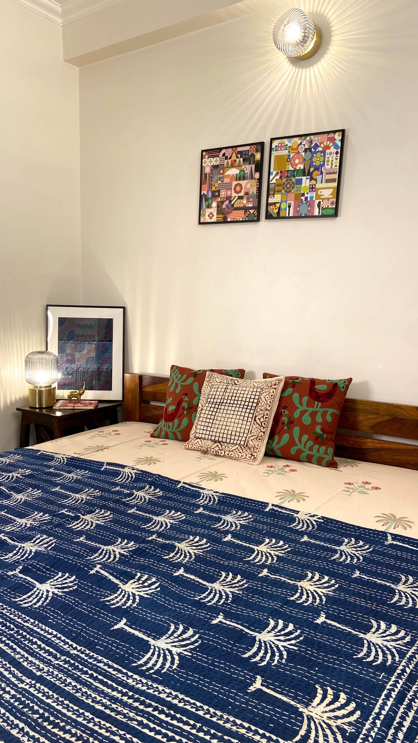 Indigo Palm Tree Hand Block Print Double Bed Queen Hand Embroidered Dohar
