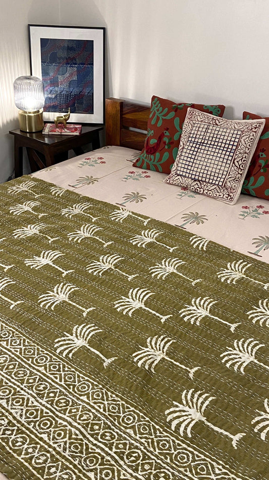 Camel Brown Palm Tree Hand Block Print Double Bed Queen Hand Embroidered Dohar