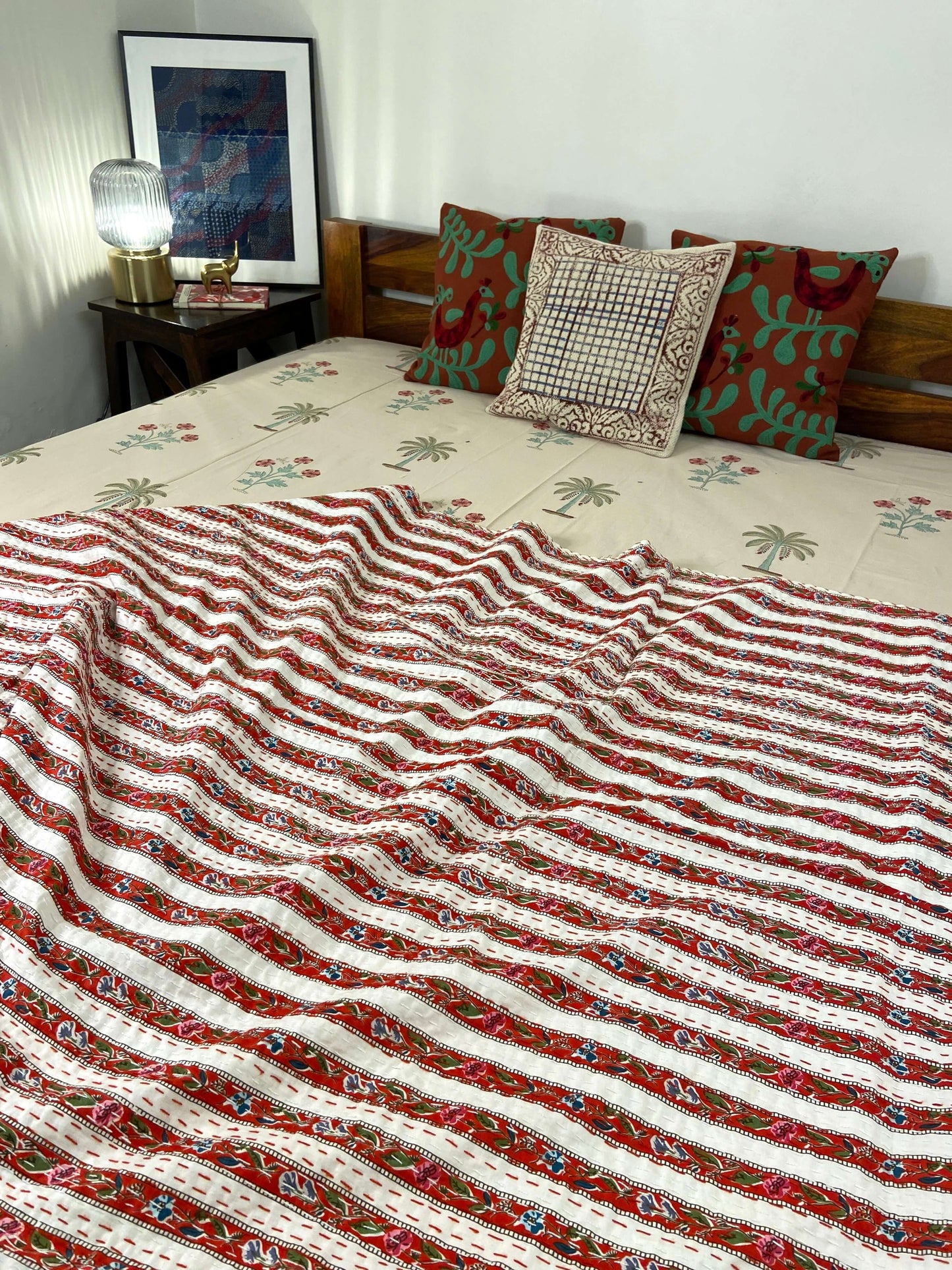 Red Floral Striped Embroidered Queen Size Kantha Bedspread