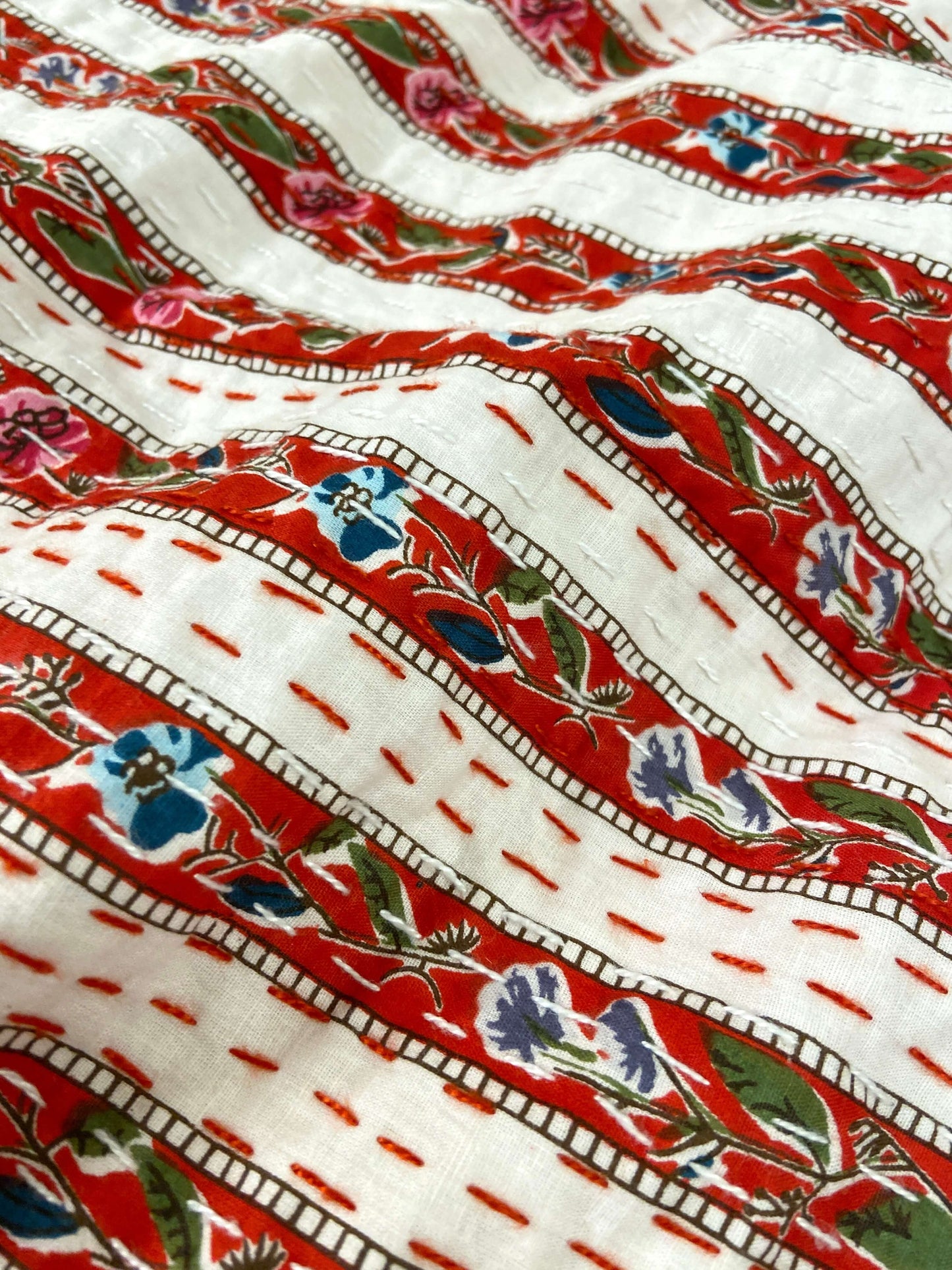 Red Floral Striped Embroidered Queen Size Kantha Bedspread