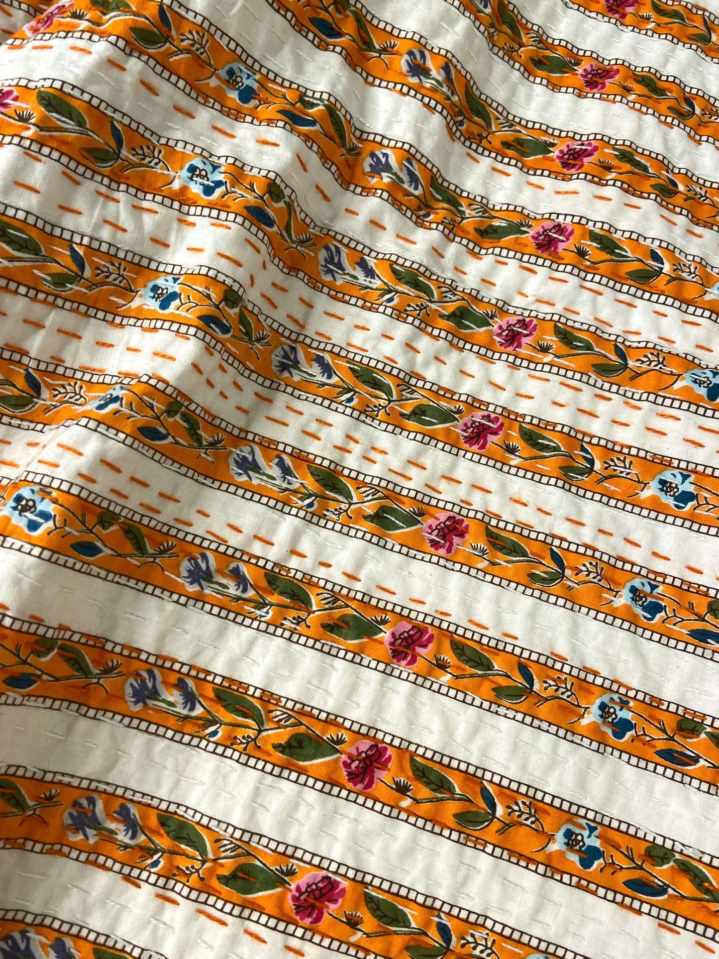 Orange Floral Striped Embroidered Queen Size Kantha Bedspread - Nakhrro