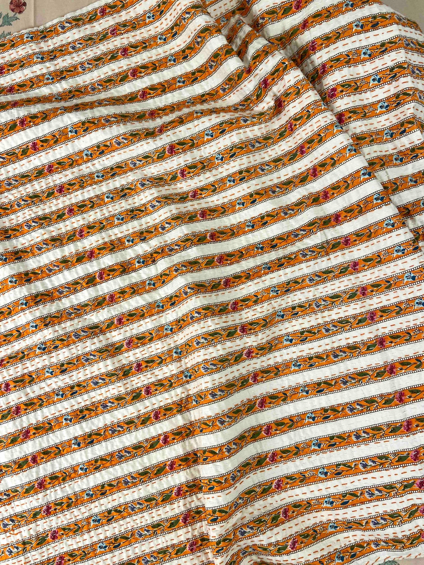 Orange Floral Striped Embroidered Queen Size Kantha Bedspread - Nakhrro