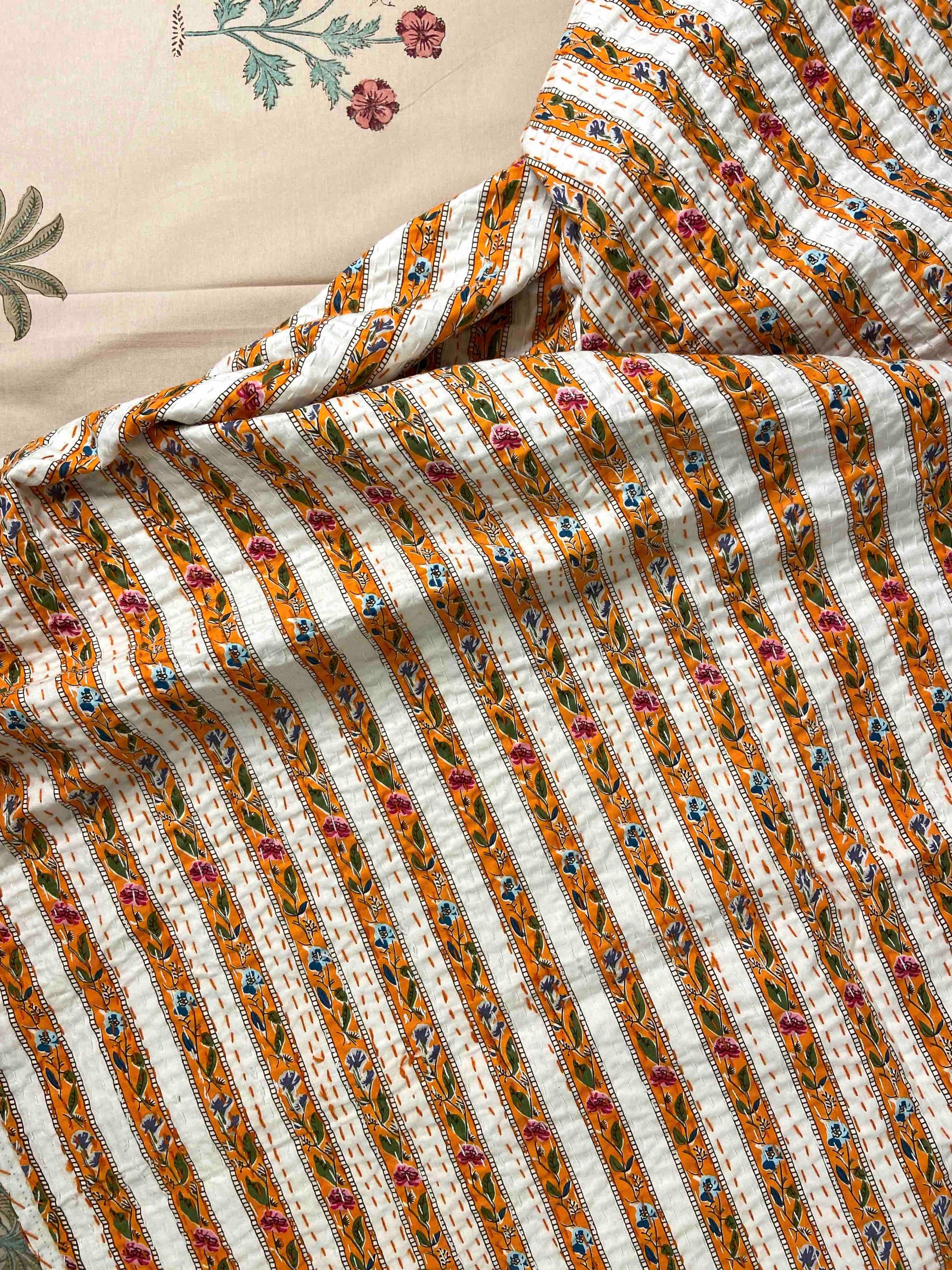 Orange Floral Striped Embroidered Queen Size Kantha Bedspread - Nakhrro