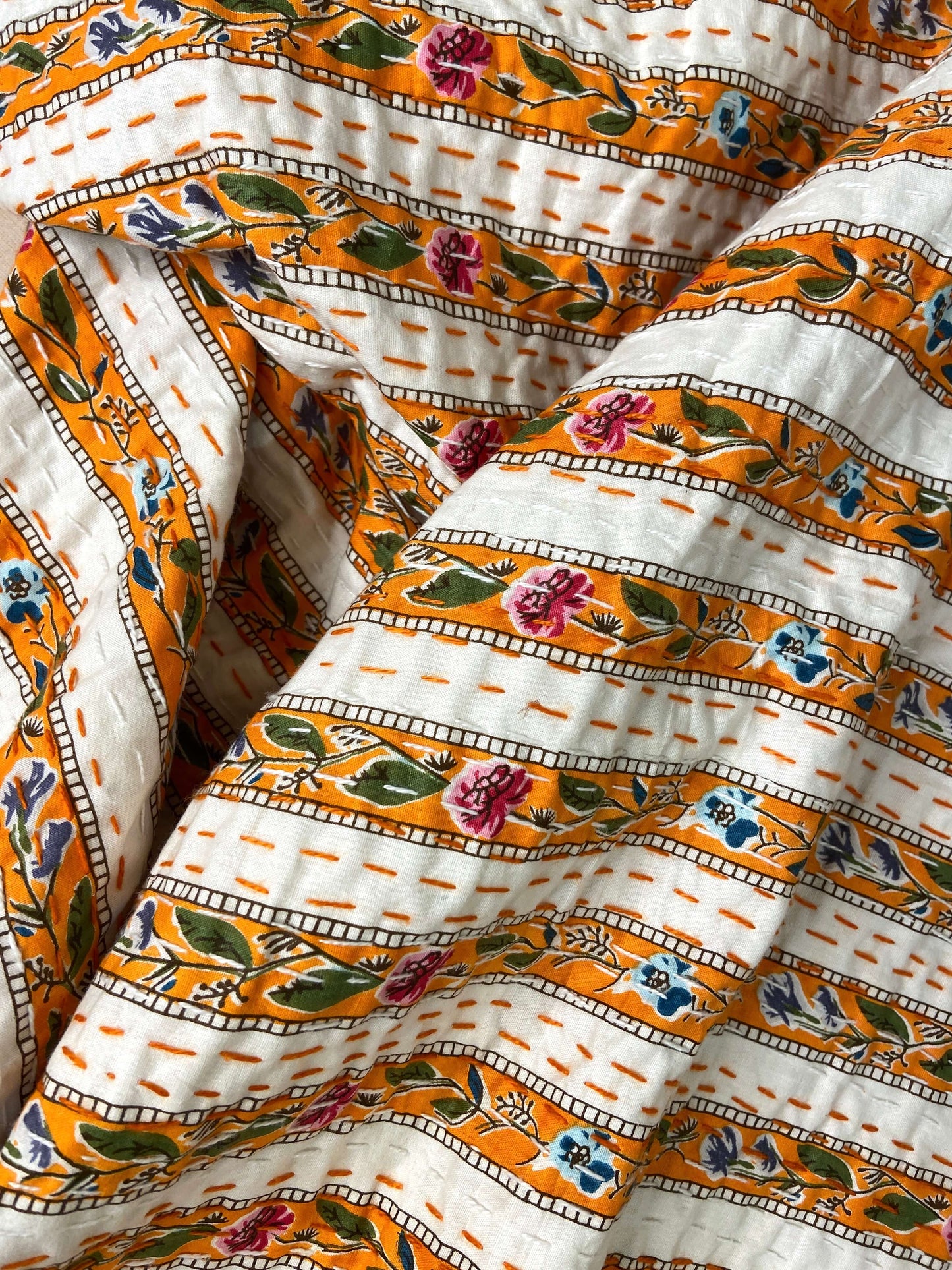 Orange Floral Striped Embroidered Queen Size Kantha Bedspread - Nakhrro