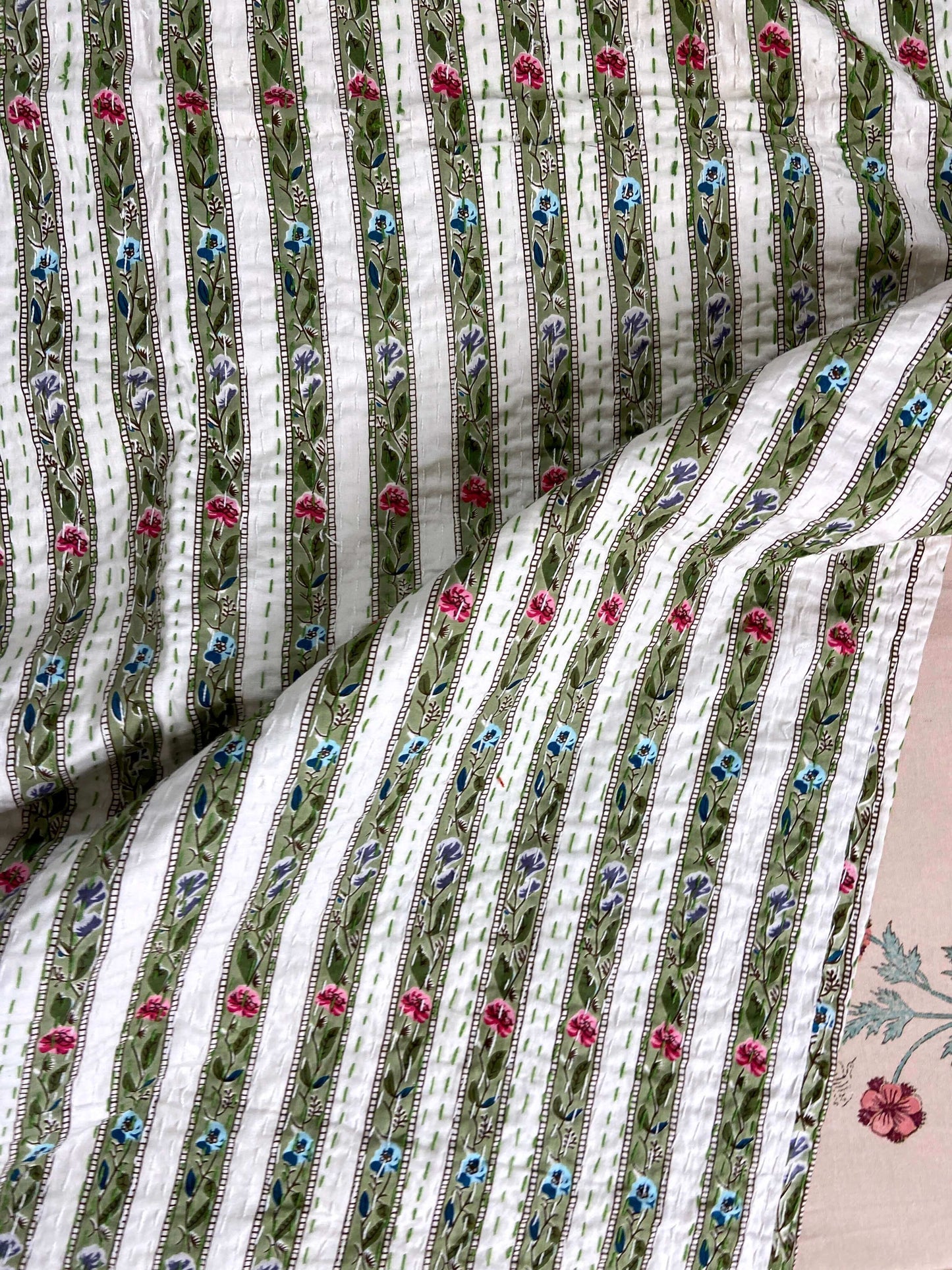 Sage Green Floral Striped Embroidered Queen Size Kantha Bedspread