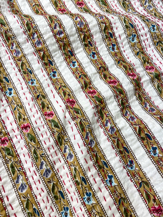 Beige Floral Striped Embroidered Queen Size Kantha Bedspread