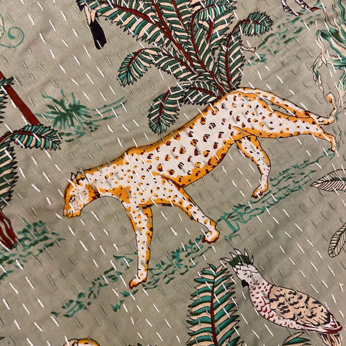 Sage Green Jungle Print Single Bed Hand Embroidered Dohar